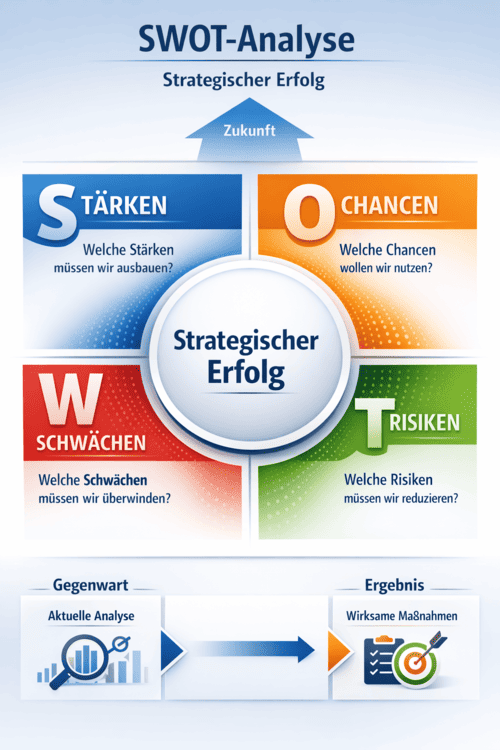 Grafische Darstellung der SWOT-Analyse mit den vier strategischen Faktoren Stärken, Schwächen, Chancen und Risiken als Grundlage für strategische Entscheidungen