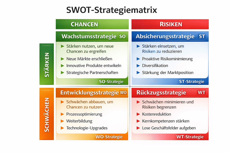 Die Grafik zeigt die SWOT-Strategiematrix. Sie kombiniert interne Faktoren(Stärken und Schwächen) mit externen Faktoren (Chancen und Risiken), umvier grundlegende strategische Optionen abzuleiten. Unternehmen könnenStärken nutzen, um Chancen zu realisieren (SO-Strategie), Stärken einsetzen,um Risiken zu reduzieren (ST-Strategie), Schwächen abbauen, um Chancen zunutzen (WO-Strategie) oder Schwächen und Risiken gleichzeitig begrenzen(WT-Strategie). SWOT-Strategiematrix mit vier Strategieoptionen: Wachstumsstrategie (SO), Absicherungsstrategie (ST), Entwicklungsstrategie (WO) und Rückzugsstrategie (WT)